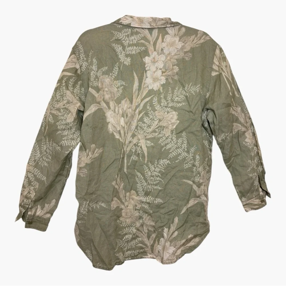 Liz Claiborne Liz Sport Green Linen Tropical Print Button Down Shirt Large